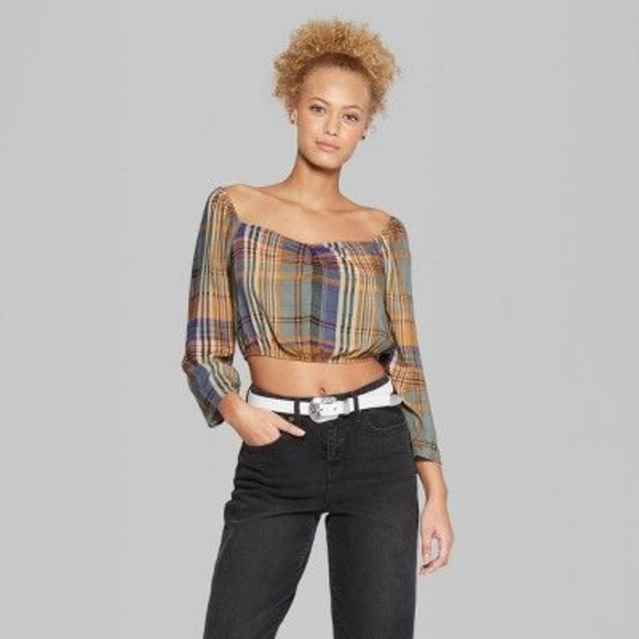 New WILD FABLE Plaid Puff Sleeve Ruched Front Top - Picture 4 of 8